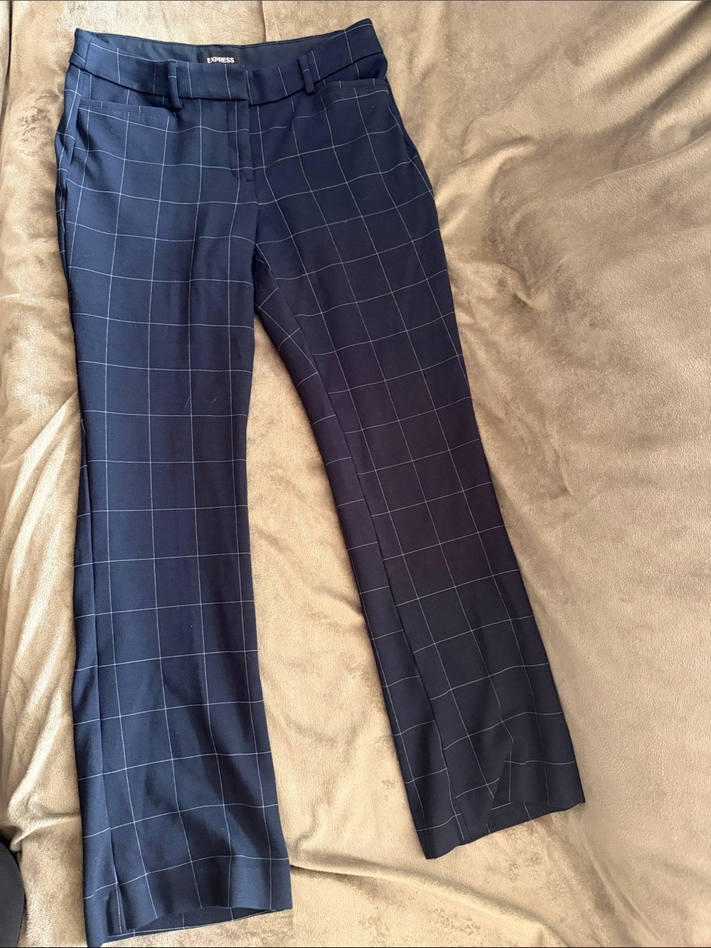 Express Columnist Barely Boot Midrise Stretch Dress Pants - White Grid